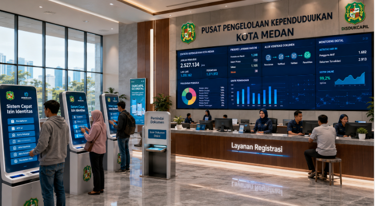 Dashboard interaktif Sistem Cepat Izin Identitas yang menampilkan sistem pemantauan data kependudukan real-time untuk mendukung efisiensi registrasi kota Medan.