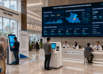 Dashboard interaktif Sistem Cepat Izin Kependudukan yang menampilkan sistem pemantauan data identitas warga real-time untuk mendukung efisiensi kependudukan kota Medan.