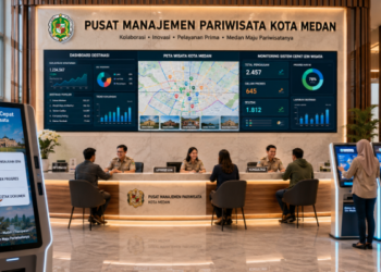 Dashboard interaktif Sistem Cepat Izin Wisata yang menampilkan sistem pemantauan data destinasi real-time untuk mendukung efisiensi pariwisata kota Medan