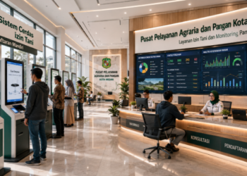 Dashboard interaktif Sistem Cerdas Izin Tani yang menampilkan sistem pemantauan data pangan real-time untuk mendukung efisiensi pertanian kota Medan.