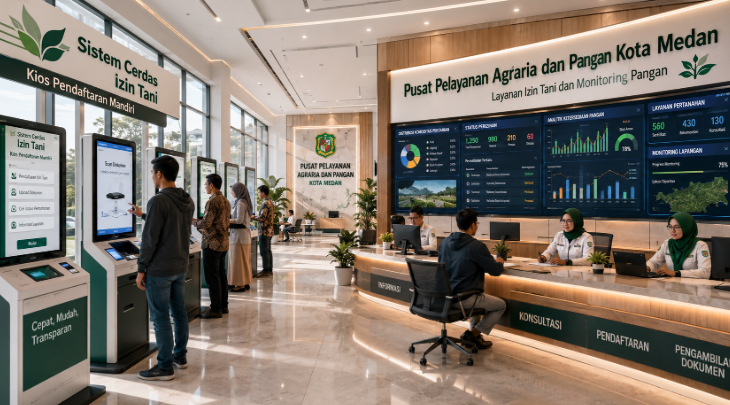 Dashboard interaktif Sistem Cerdas Izin Tani yang menampilkan sistem pemantauan data pangan real-time untuk mendukung efisiensi pertanian kota Medan.