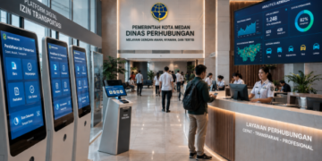 Dashboard interaktif Sistem Digital Izin Kesehatan yang menampilkan sistem pemantauan data fasilitas real-time untuk mendukung efisiensi kesehatan kota Medan