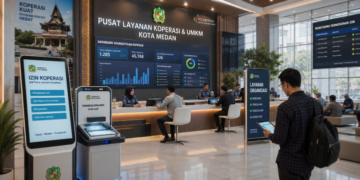 Dashboard interaktif Sistem Digital Izin Koperasi yang menampilkan sistem pemantauan data keanggotaan real-time untuk mendukung efisiensi koperasi kota Medan