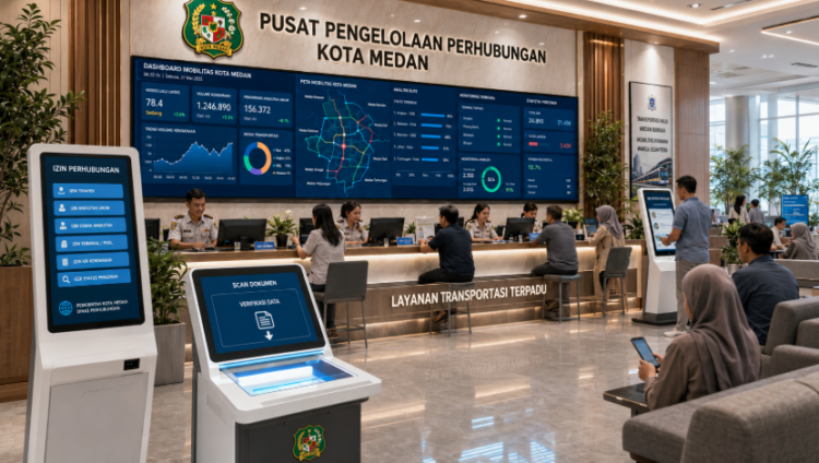 Dashboard interaktif Sistem Digital Izin Perhubungan yang menampilkan sistem pemantauan data transportasi real-time untuk mendukung efisiensi perhubungan kota Medan