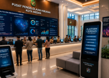 Dashboard interaktif Sistem Efektif Izin Bangun yang menampilkan sistem pemantauan data teknis real-time untuk mendukung efisiensi konstruksi kota Medan