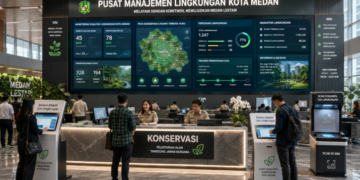 Dashboard interaktif Sistem Efektif Izin Lingkungan yang menampilkan sistem pemantauan data alam real-time untuk mendukung efisiensi lingkungan kota Medan