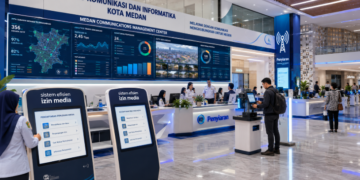 Dashboard interaktif Sistem Efisien Izin Media yang menampilkan sistem pemantauan data komunikasi real-time untuk mendukung efisiensi informasi kota Medan
