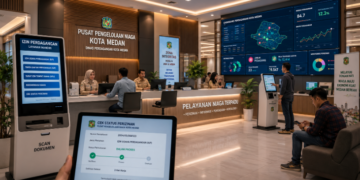 Dashboard interaktif Sistem Efisien Izin Perdagangan yang menampilkan sistem pemantauan data niaga real-time untuk mendukung efisiensi perdagangan kota Medan