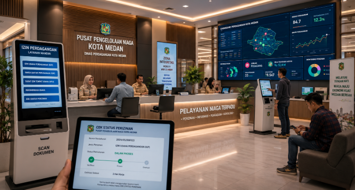 Dashboard interaktif Sistem Efisien Izin Perdagangan yang menampilkan sistem pemantauan data niaga real-time untuk mendukung efisiensi perdagangan kota Medan