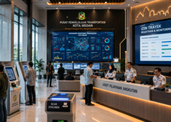 Dashboard interaktif Sistem Efisien Izin Trayek yang menampilkan sistem pemantauan data armada real-time untuk mendukung efisiensi transportasi kota Medan