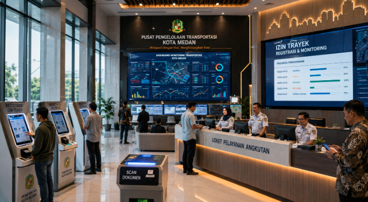 Dashboard interaktif Sistem Efisien Izin Trayek yang menampilkan sistem pemantauan data armada real-time untuk mendukung efisiensi transportasi kota Medan