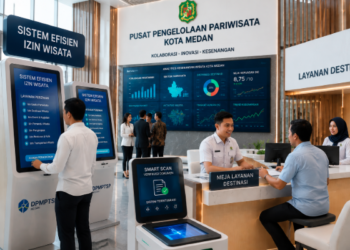 Dashboard interaktif Sistem Efisien Izin Wisata yang menampilkan sistem pemantauan data kesenangan real-time untuk mendukung efisiensi pariwisata kota Medan