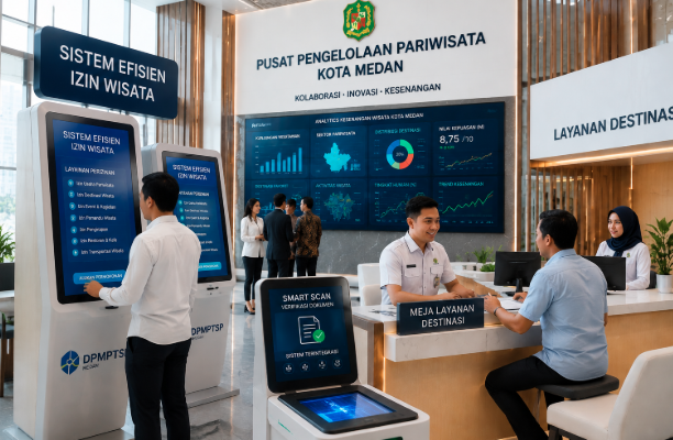 Dashboard interaktif Sistem Efisien Izin Wisata yang menampilkan sistem pemantauan data kesenangan real-time untuk mendukung efisiensi pariwisata kota Medan