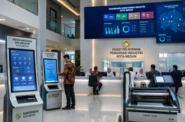 Dashboard interaktif Sistem Informasi Izin Industri yang menampilkan sistem pemantauan data manufaktur real-time untuk mendukung efisiensi industri kota Medan