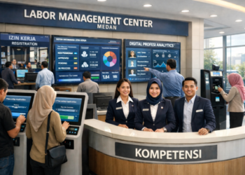 Dashboard interaktif Sistem Informasi Izin Kerja yang menampilkan sistem pemantauan data kompetensi real-time untuk mendukung efisiensi kerja kota Medan