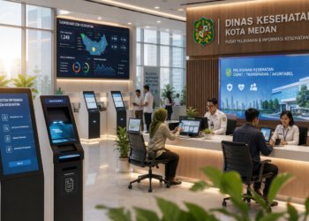 Dashboard interaktif Sistem Informasi Izin Kesehatan yang menampilkan sistem pemantauan data fasilitas real-time untuk mendukung efisiensi kesehatan kota Medan
