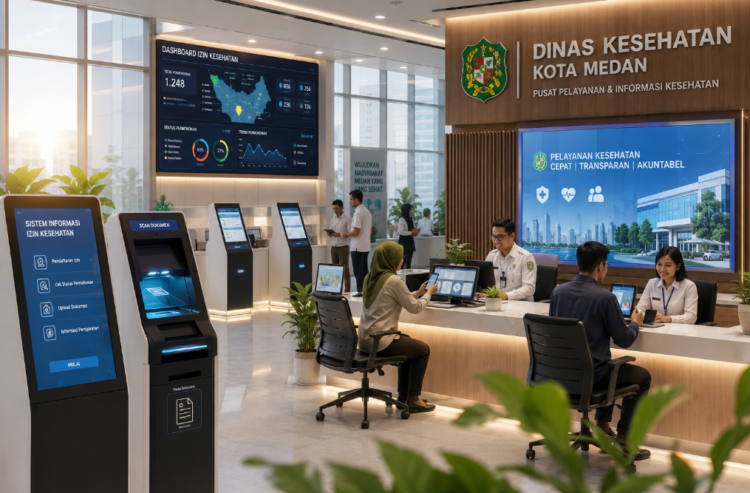 Dashboard interaktif Sistem Informasi Izin Kesehatan yang menampilkan sistem pemantauan data fasilitas real-time untuk mendukung efisiensi kesehatan kota Medan