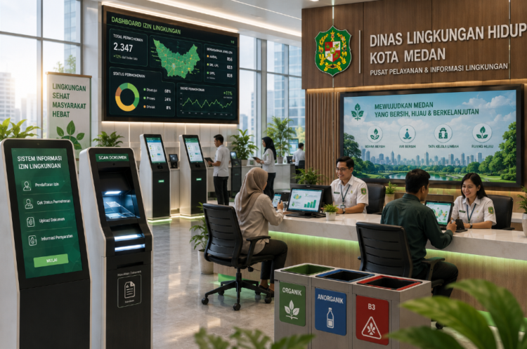 Dashboard interaktif Sistem Informasi Izin Lingkungan yang menampilkan sistem pemantauan data limbah real-time untuk mendukung efisiensi lingkungan kota Medan