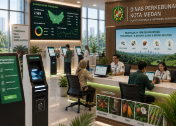 Dashboard interaktif Sistem Informasi Izin Perkebunan yang menampilkan sistem pemantauan data komoditas real-time untuk mendukung efisiensi perkebunan kota Medan