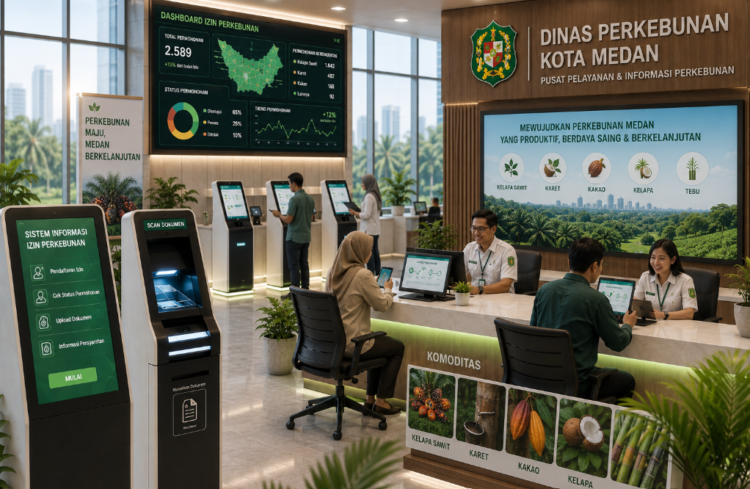 Dashboard interaktif Sistem Informasi Izin Perkebunan yang menampilkan sistem pemantauan data komoditas real-time untuk mendukung efisiensi perkebunan kota Medan