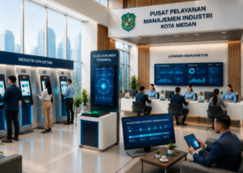 Dashboard interaktif Sistem Izin Industri Medan yang menampilkan sistem pemantauan data manufaktur real-time untuk mendukung efisiensi industri kota Medan