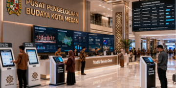 Dashboard interaktif Sistem Maju Izin Budaya yang menampilkan sistem pemantauan data kultural real-time untuk mendukung efisiensi pariwisata budaya kota Medan