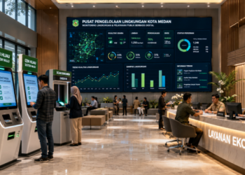 Dashboard interaktif Sistem Maju Izin Hijau yang menampilkan sistem pemantauan data dampak real-time untuk mendukung efisiensi lingkungan kota Medan