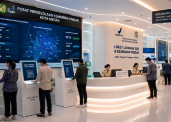 Dashboard interaktif Sistem Maju Izin Konsumsi yang menampilkan sistem pemantauan data pangan real-time untuk mendukung efisiensi keamanan pangan kota Medan
