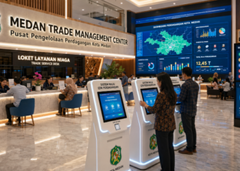 Dashboard interaktif Sistem Maju Izin Perdagangan yang menampilkan sistem pemantauan data niaga real-time untuk mendukung efisiensi perdagangan kota Medan