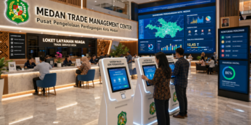 Dashboard interaktif Sistem Maju Izin Perdagangan yang menampilkan sistem pemantauan data niaga real-time untuk mendukung efisiensi perdagangan kota Medan