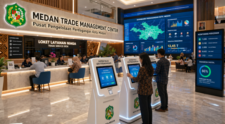 Dashboard interaktif Sistem Maju Izin Perdagangan yang menampilkan sistem pemantauan data niaga real-time untuk mendukung efisiensi perdagangan kota Medan