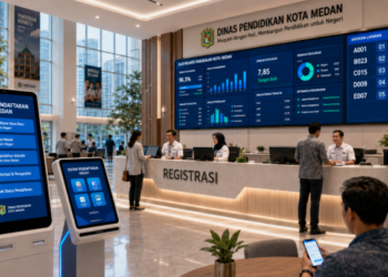 Dashboard interaktif Sistem Pendaftaran Medan yang menampilkan alur agenda registrasi real-time untuk mendukung efisiensi pendaftaran kota Medan.