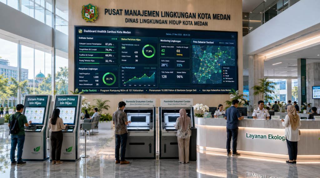 Dashboard interaktif Sistem Prima Izin Hijau yang menampilkan sistem pemantauan data sanitasi real-time untuk mendukung efisiensi lingkungan kota Medan.
