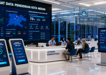 Dashboard interaktif Sistem Sinkronisasi Pendaftaran SNBP yang menampilkan alur pemadanan data prestasi siswa real-time untuk mendukung efisiensi pendaftaran kota Medan.