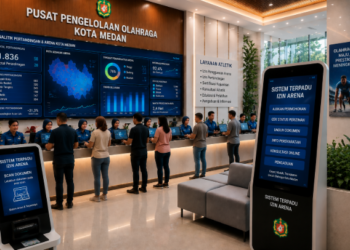 Dashboard interaktif Sistem Terpadu Izin Arena yang menampilkan sistem pemantauan data pertandingan real-time untuk mendukung efisiensi olahraga kota Medan