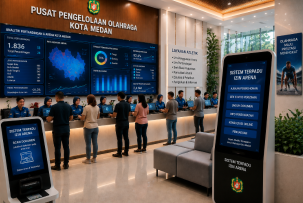 Dashboard interaktif Sistem Terpadu Izin Arena yang menampilkan sistem pemantauan data pertandingan real-time untuk mendukung efisiensi olahraga kota Medan