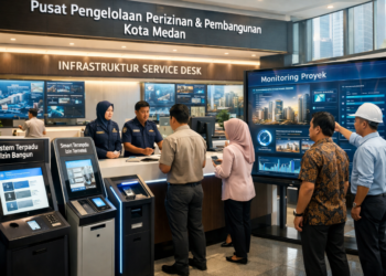 Dashboard interaktif Sistem Terpadu Izin Bangun yang menampilkan sistem pemantauan data fisik real-time untuk mendukung efisiensi konstruksi kota Medan