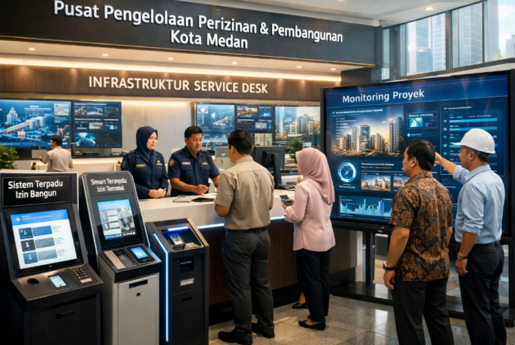 Dashboard interaktif Sistem Terpadu Izin Bangun yang menampilkan sistem pemantauan data fisik real-time untuk mendukung efisiensi konstruksi kota Medan
