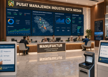 Dashboard interaktif Sistem Terpadu Izin Industri yang menampilkan sistem pemantauan data pabrik real-time untuk mendukung efisiensi industri kota Medan