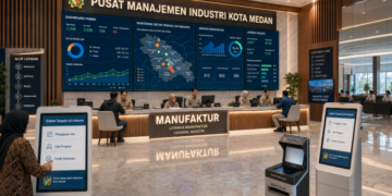 Dashboard interaktif Sistem Terpadu Izin Industri yang menampilkan sistem pemantauan data pabrik real-time untuk mendukung efisiensi industri kota Medan