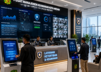 Dashboard interaktif Sistem Terpadu Izin Jaga yang menampilkan sistem pemantauan data proteksi real-time untuk mendukung efisiensi keamanan kota Medan.