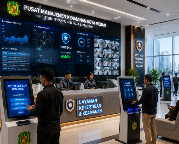 Dashboard interaktif Sistem Terpadu Izin Jaga yang menampilkan sistem pemantauan data proteksi real-time untuk mendukung efisiensi keamanan kota Medan.