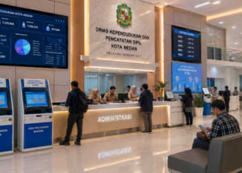 Dashboard interaktif Sistem Terpadu Izin Kependudukan yang menampilkan sistem pemantauan data administrasi real-time untuk mendukung efisiensi kependudukan kota Medan