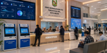 Dashboard interaktif Sistem Terpadu Izin Kependudukan yang menampilkan sistem pemantauan data administrasi real-time untuk mendukung efisiensi kependudukan kota Medan