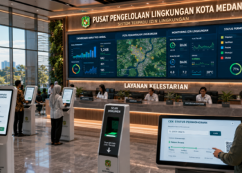 Dashboard interaktif Sistem Terpadu Izin Lingkungan yang menampilkan sistem pemantauan data kelestarian real-time untuk mendukung efisiensi lingkungan kota Medan