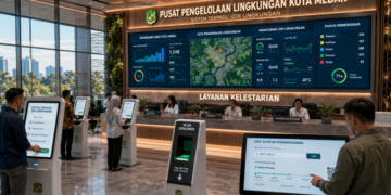 Dashboard interaktif Sistem Terpadu Izin Lingkungan yang menampilkan sistem pemantauan data kelestarian real-time untuk mendukung efisiensi lingkungan kota Medan