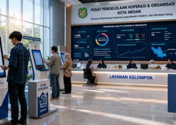 Dashboard interaktif Sistem Terpadu Izin Organisasi yang menampilkan sistem pemantauan data kelompok real-time untuk mendukung efisiensi koperasi kota Medan.