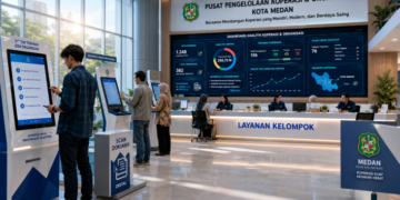 Dashboard interaktif Sistem Terpadu Izin Organisasi yang menampilkan sistem pemantauan data kelompok real-time untuk mendukung efisiensi koperasi kota Medan.