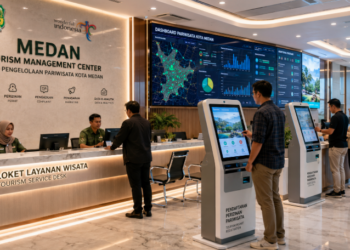 Dashboard interaktif Sistem Terpadu Izin Pariwisata yang menampilkan sistem pemantauan data destinasi real-time untuk mendukung efisiensi pariwisata kota Medan