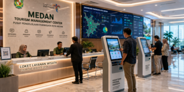 Dashboard interaktif Sistem Terpadu Izin Pariwisata yang menampilkan sistem pemantauan data destinasi real-time untuk mendukung efisiensi pariwisata kota Medan